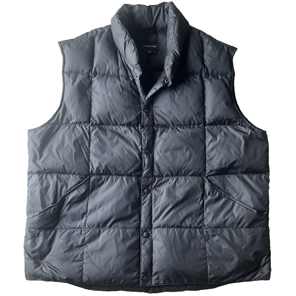 Lands End Goose Down Filled Puffer Vest Mens XL 46-48 Black Quilted Padded Snap